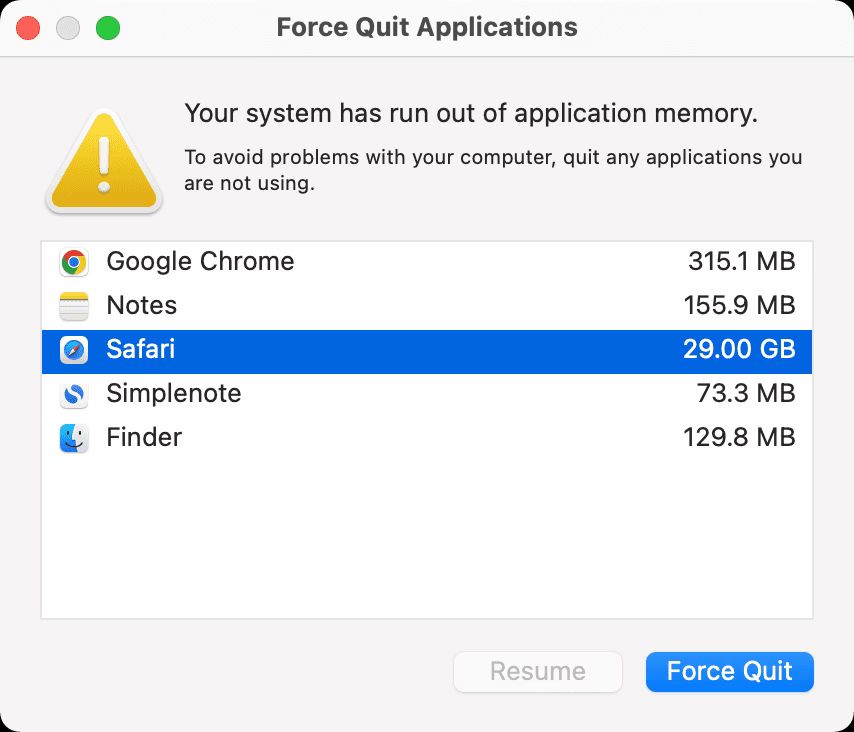 macOS running out of application memory